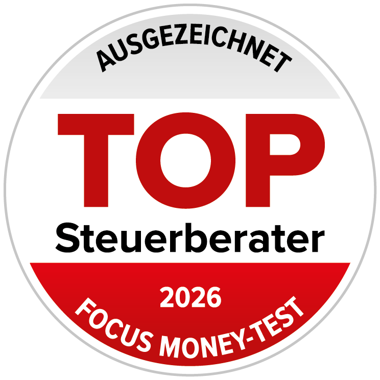 Rundes Auszeichnungssiegel mit der Aufschrift „TOP Steuerberater“, „2026“ und „Focus Money-Test“.